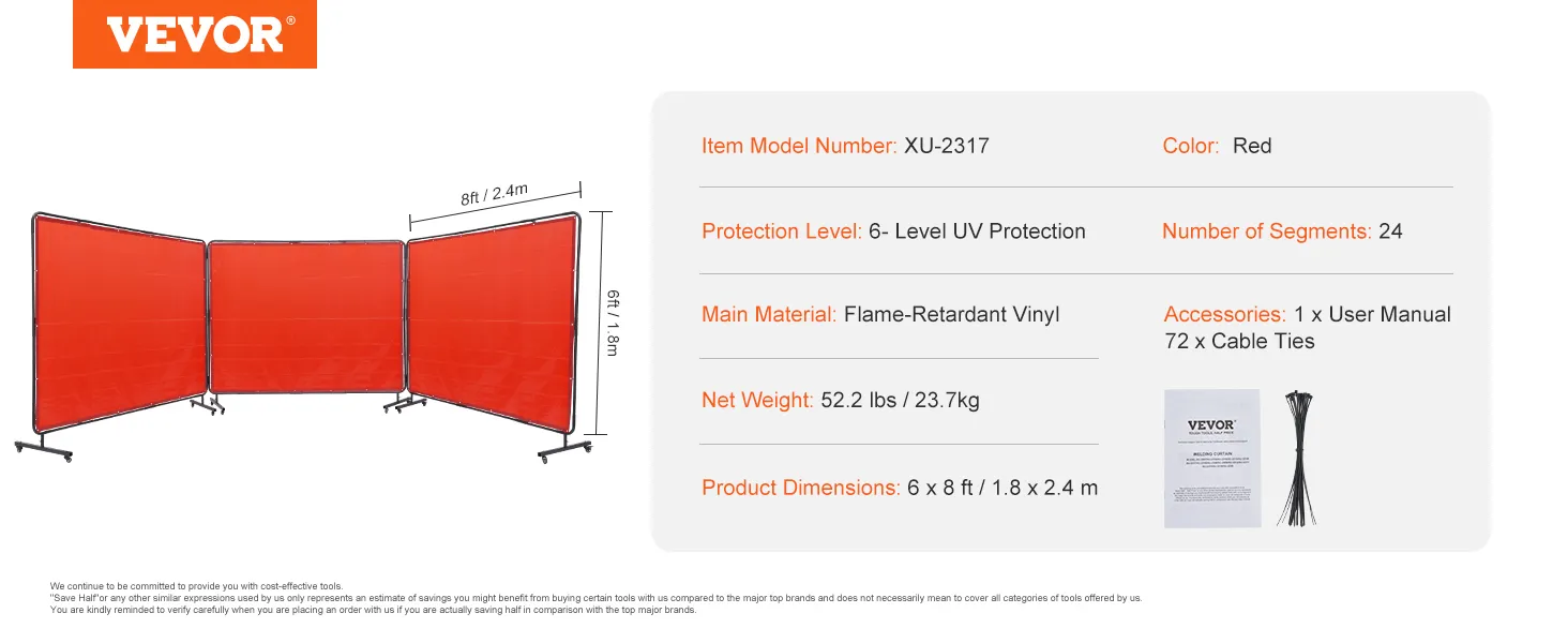 VEVOR welding screen, model xu-2317, red, flame-retardant vinyl, 6 x 8 ft, uv protection level 6.