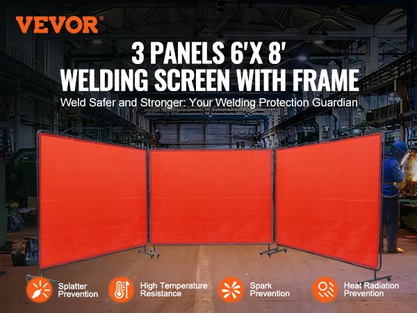 VEVOR welding screen in industrial setting with 3 red panels for safety and protection.