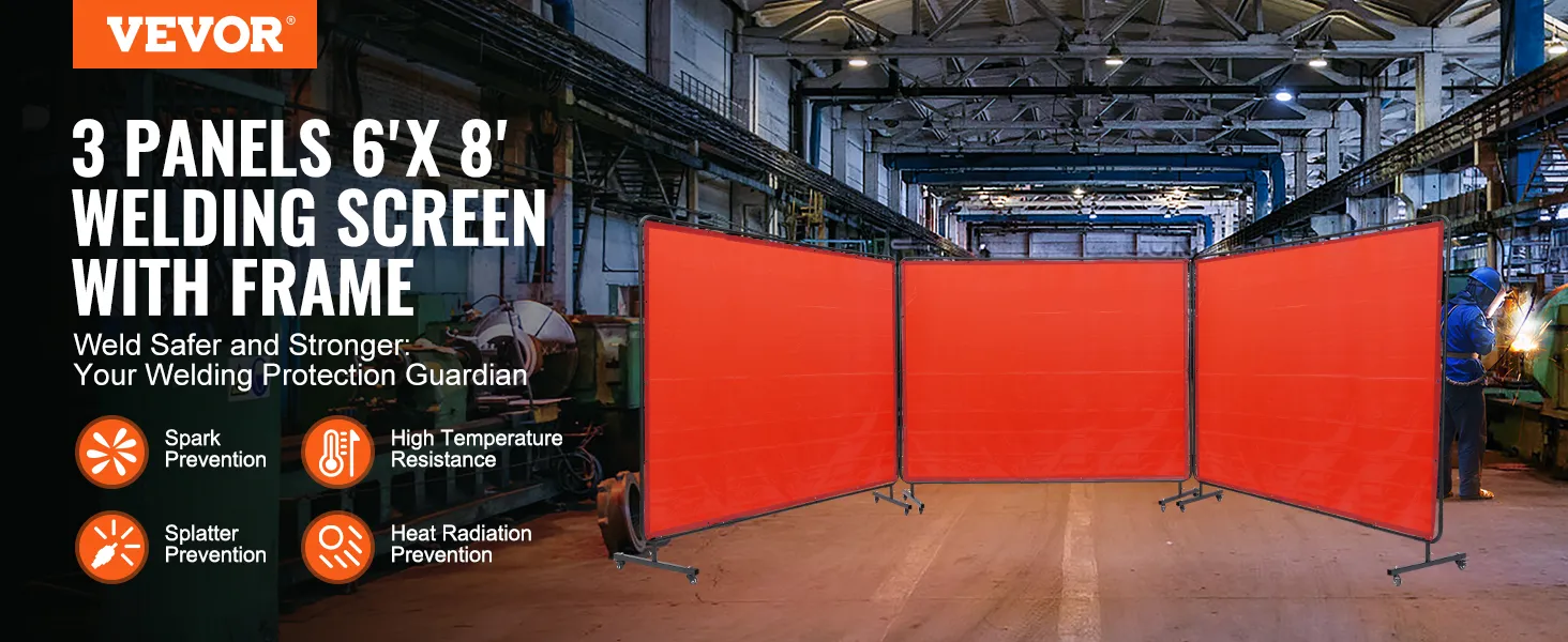 VEVOR welding screen in industrial setting with 3 red panels for safety and protection.
