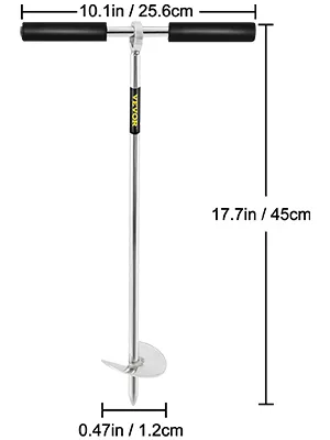 VEVOR sand anchor: measurements shown, stainless steel, black handles.