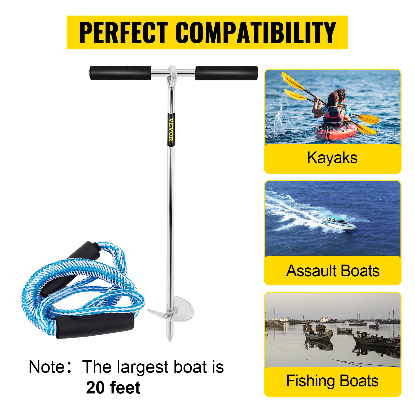 VEVOR sand anchor compatibility with kayaks, assault boats, fishing boats up to 20 feet.