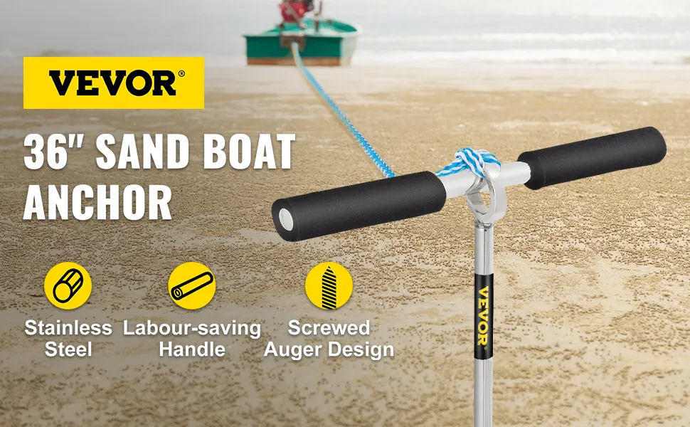 VEVOR sand anchor with labour-saving handle and stainless steel design on a sandy beach.