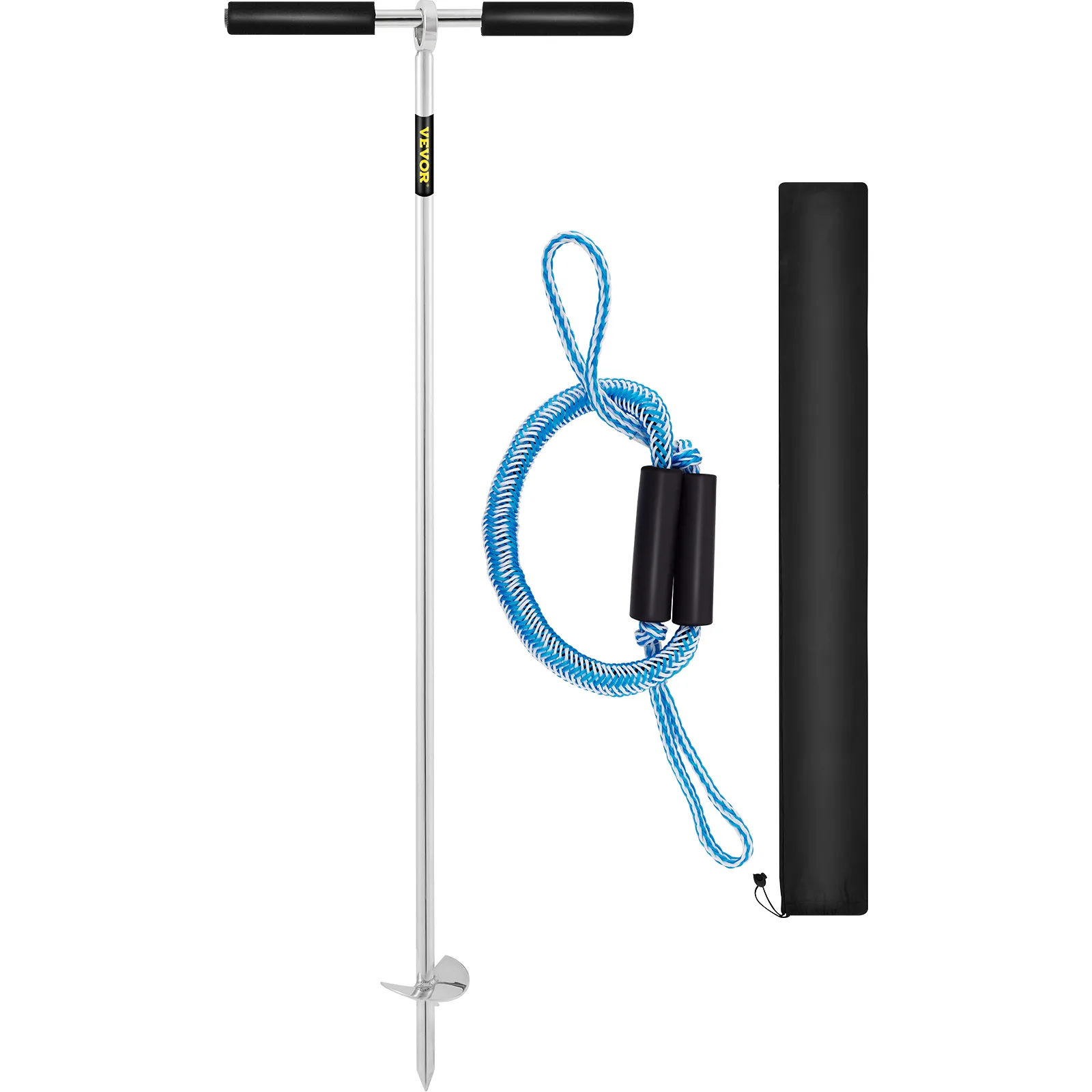 VEVOR sand anchor with blue rope and black carrying case.