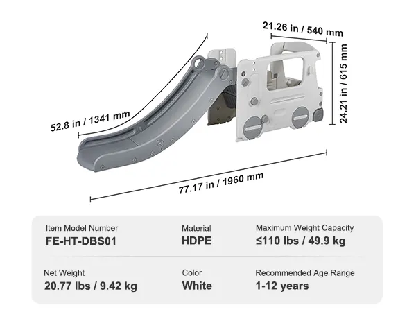 VEVOR toddler slide dimensions and specifications, hdpe material, white color, supports up to 110 lbs.