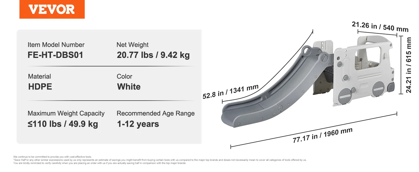 VEVOR toddler slide dimensions and specifications, hdpe material, white color, supports up to 110 lbs.