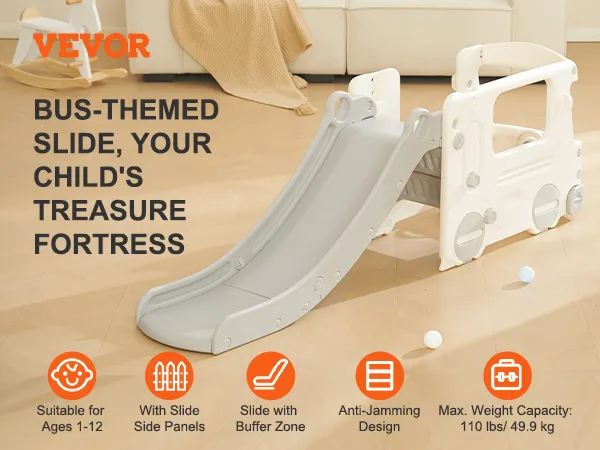 VEVOR toddler slide, bus-themed, suitable for ages 1-12, with side panels and buffer zone.