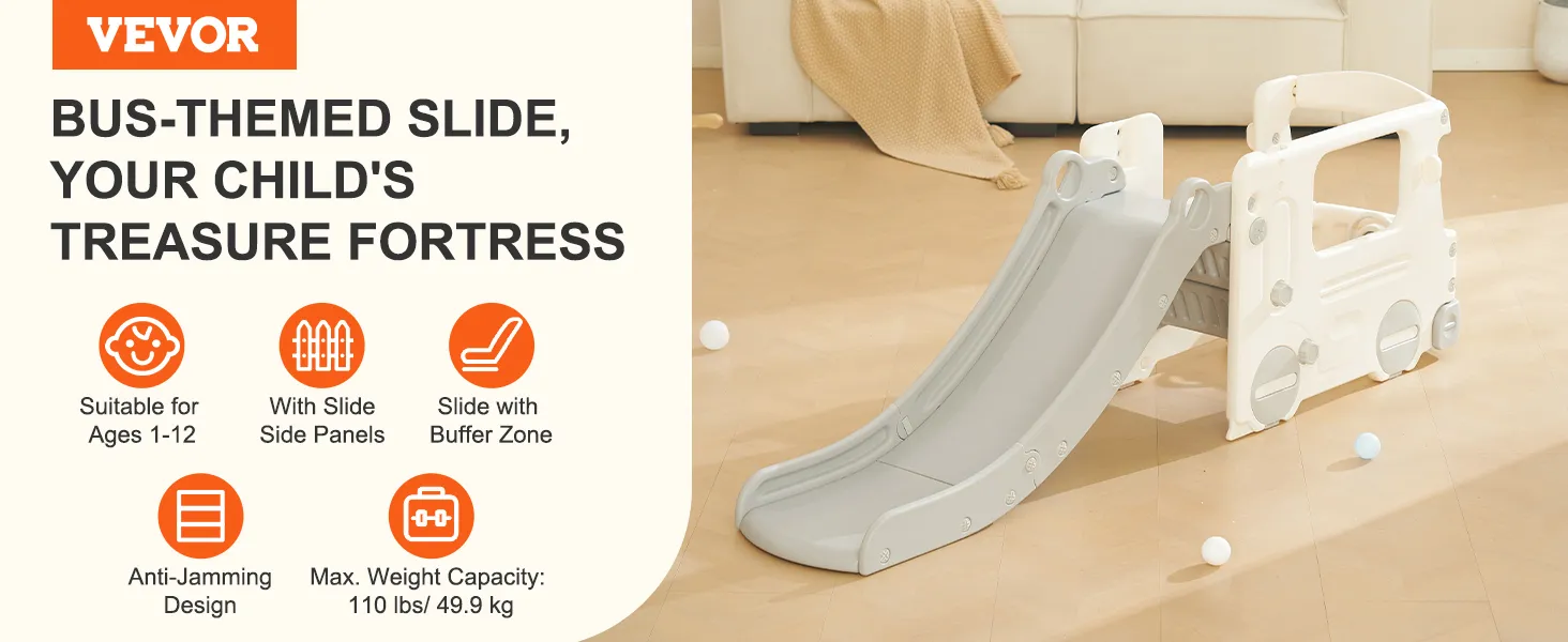 VEVOR toddler slide, bus-themed, suitable for ages 1-12, with side panels and buffer zone.