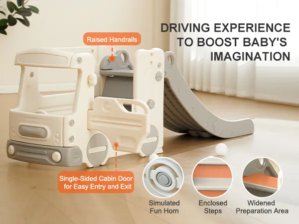 VEVOR toddler slide with raised handrails, single-sided cabin door, and a widened preparation area.