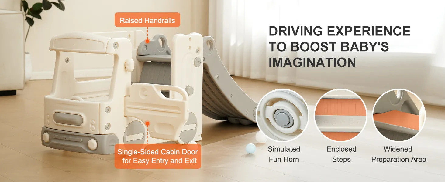 VEVOR toddler slide with raised handrails, single-sided cabin door, and a widened preparation area.