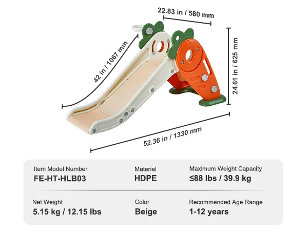 VEVOR toddler slide dimensions, weight, material, color, and age range specifications.