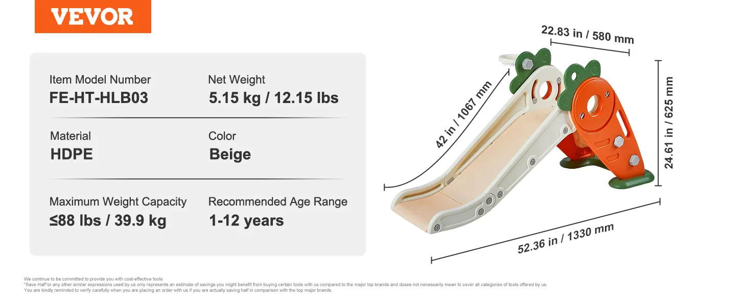 VEVOR toddler slide dimensions, weight, material, color, and age range specifications.