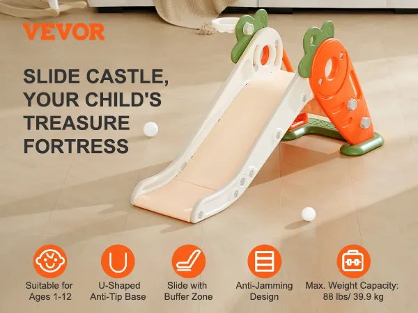 VEVOR toddler slide - slide castle for ages 1-12 with anti-tip base, buffer zone, and 88 lbs capacity.