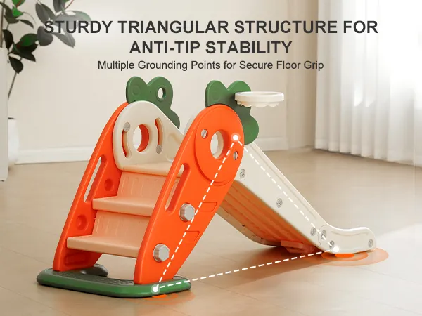 VEVOR toddler slide with sturdy triangular structure and multiple grounding points for stability.