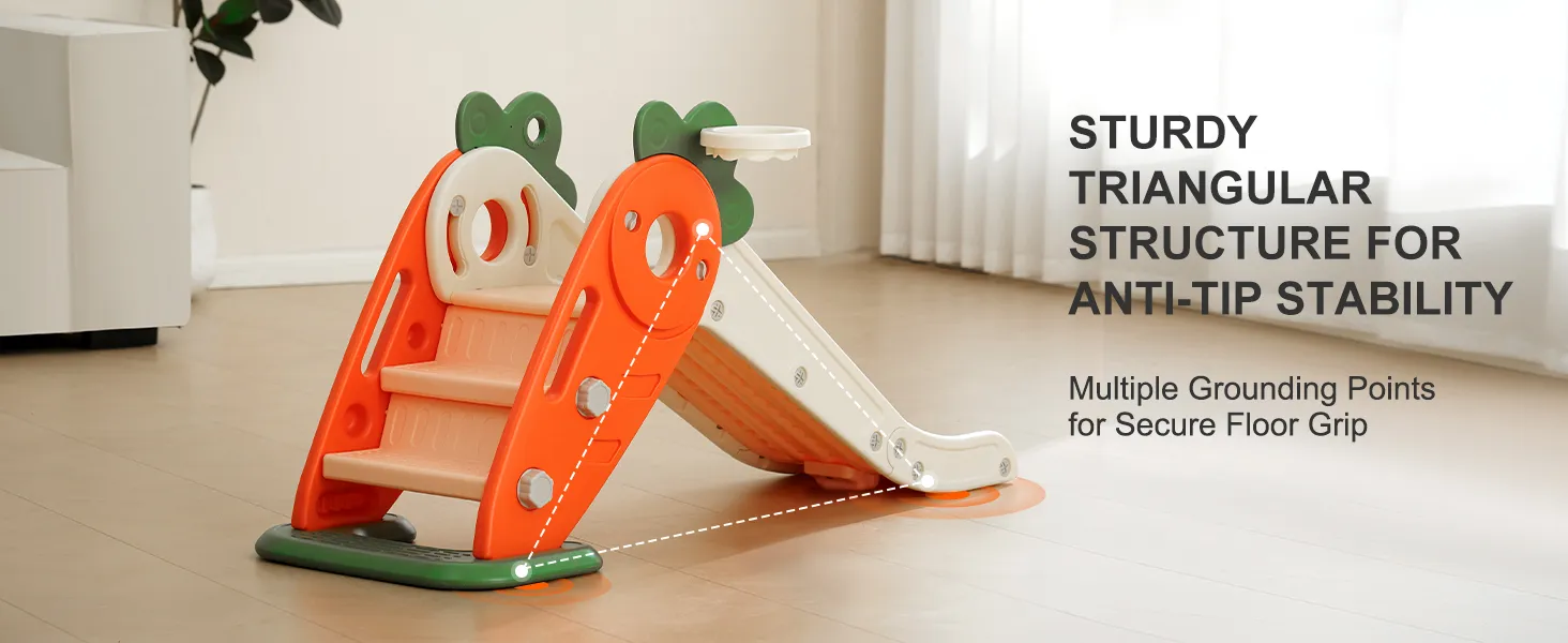 VEVOR toddler slide with sturdy triangular structure and multiple grounding points for stability.