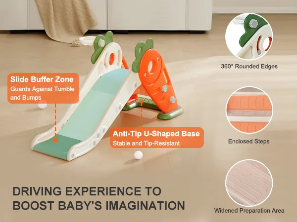 VEVOR toddler slide with anti-tip u-shaped base, slide buffer zone, enclosed steps, and wide preparation area.