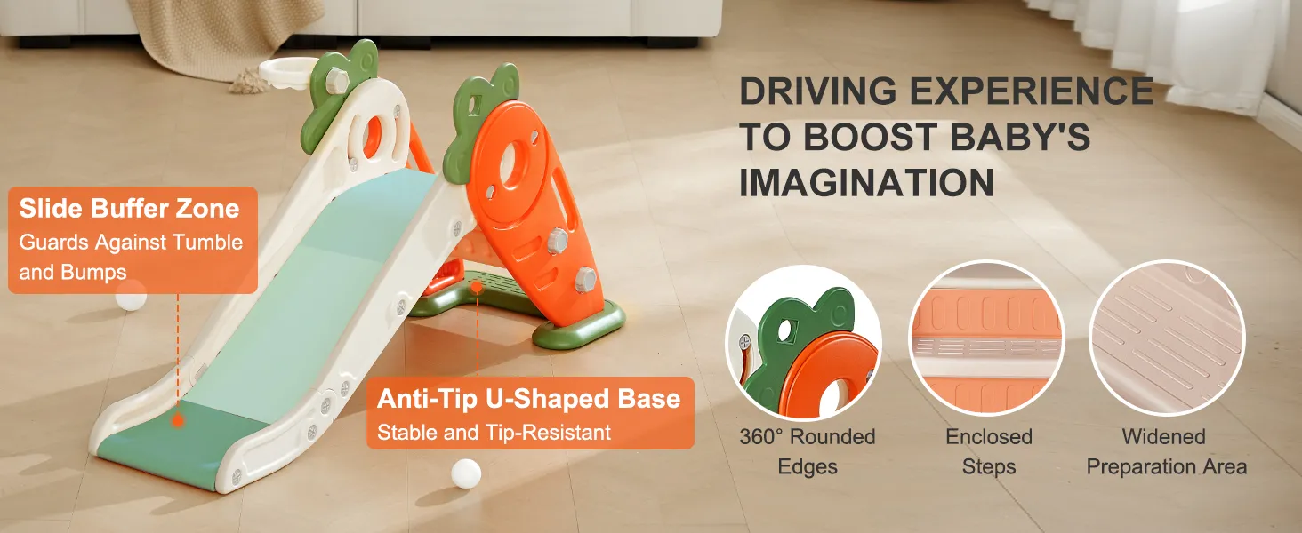 VEVOR toddler slide with anti-tip u-shaped base, slide buffer zone, enclosed steps, and wide preparation area.