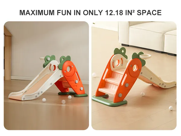 VEVOR toddler slide, compact orange and green play equipment with basketball hoop indoors.