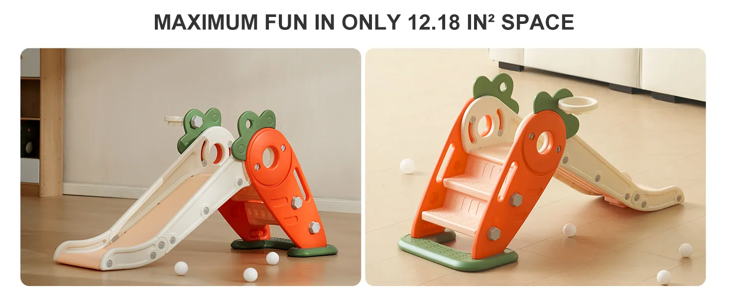 VEVOR toddler slide, compact orange and green play equipment with basketball hoop indoors.