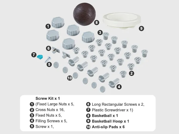 VEVOR toddler slide: complete screw kit, nuts, screws, plastic screwdriver, basketball, hoop, anti-slip pads.