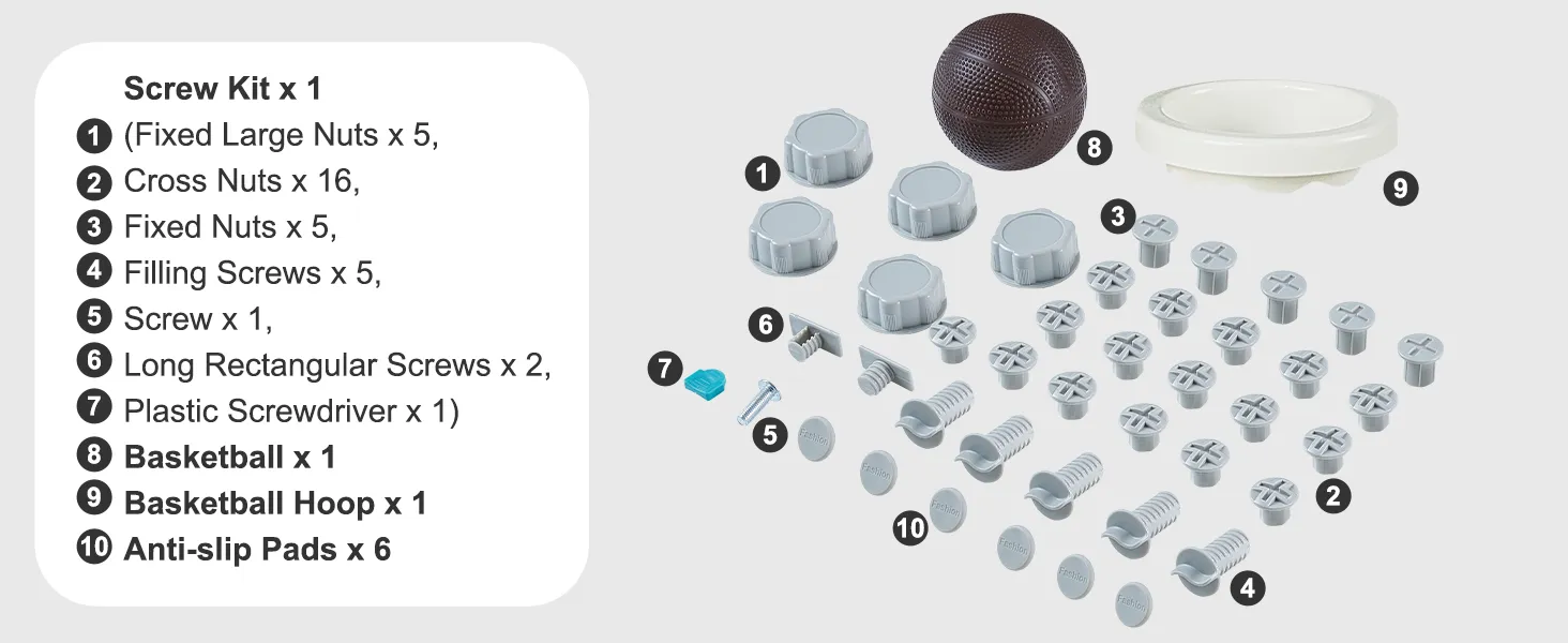 VEVOR toddler slide: complete screw kit, nuts, screws, plastic screwdriver, basketball, hoop, anti-slip pads.