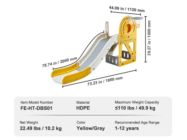 VEVOR toddler slide, hdpe, yellow/gray, 22.49 lbs, max weight capacity 110 lbs, for ages 1-12 years.