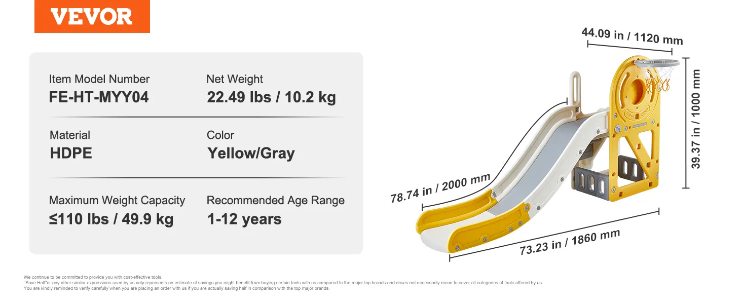 VEVOR toddler slide, hdpe, yellow/gray, 22.49 lbs, max weight capacity 110 lbs, for ages 1-12 years.