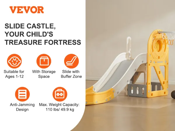 VEVOR toddler slide bus-themed with basketball hoop suitable for ages 1-12 max weight 110 lbs.