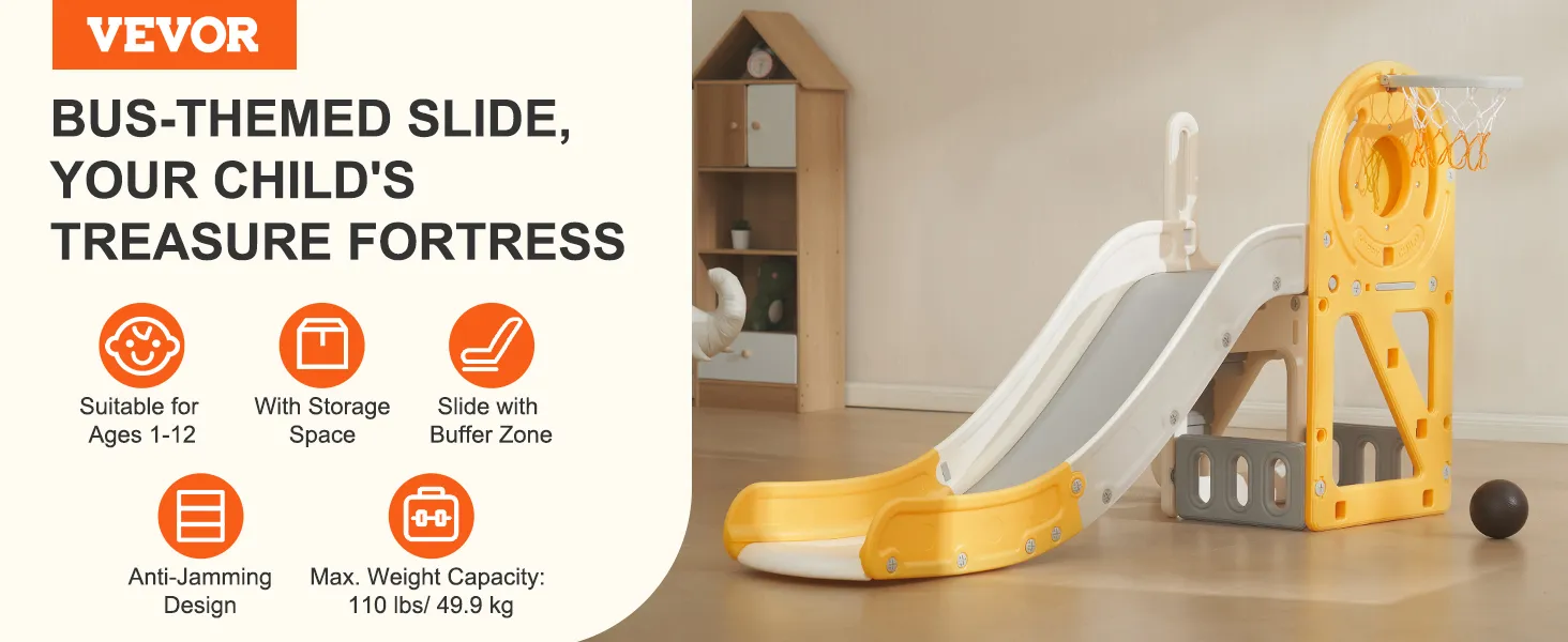 VEVOR toddler slide bus-themed with basketball hoop suitable for ages 1-12 max weight 110 lbs.