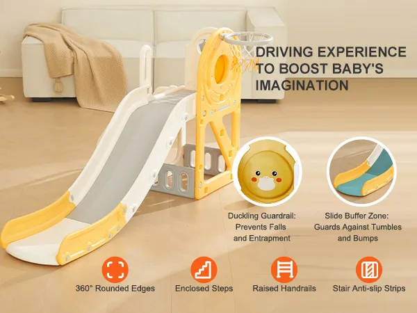 VEVOR toddler slide with basketball hoop, raised handrails, duckling guardrail, and anti-slip strips.