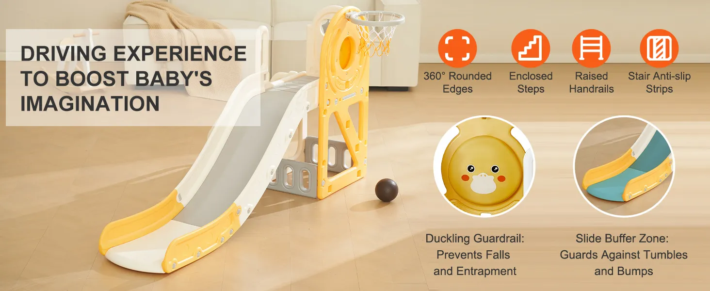 VEVOR toddler slide with basketball hoop, raised handrails, duckling guardrail, and anti-slip strips.