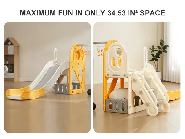 VEVOR toddler slide in small indoor space featuring slides, steps, and a basketball hoop.