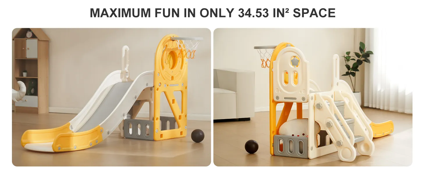 VEVOR toddler slide in small indoor space featuring slides, steps, and a basketball hoop.