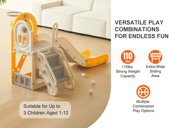 VEVOR toddler slide with basketball hoop, 110 lbs capacity, for up to 3 children aged 1-12.