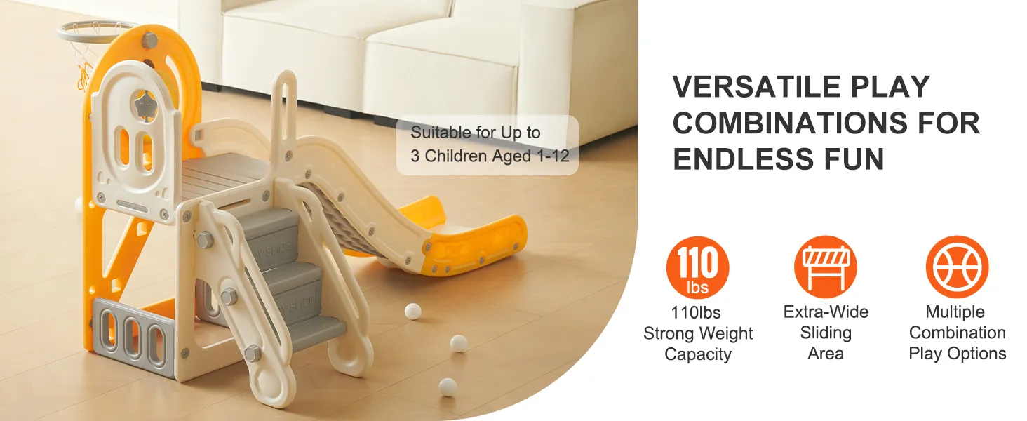 VEVOR toddler slide with basketball hoop, 110 lbs capacity, for up to 3 children aged 1-12.