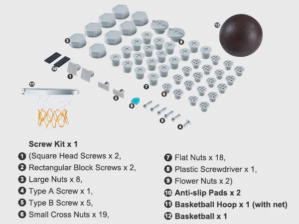 VEVOR toddler slide assembly kit with screws, nuts, anti-slip pads, basketball hoop, and basketball.