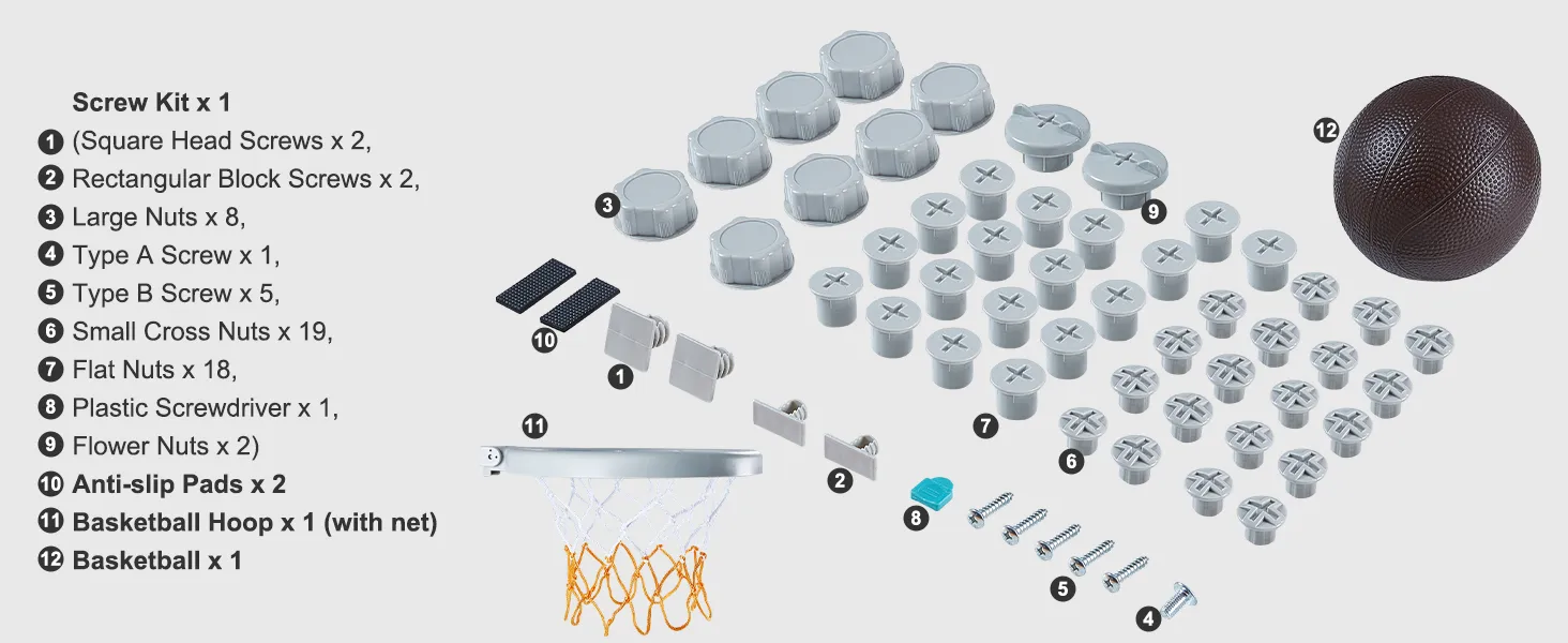 VEVOR toddler slide assembly kit with screws, nuts, anti-slip pads, basketball hoop, and basketball.