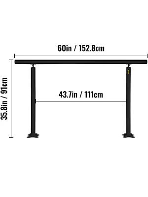 Zwarte VEVOR-trapleuningset voor buiten met de volgende afmetingen: 60 inch breed, 35,8 inch hoog.
