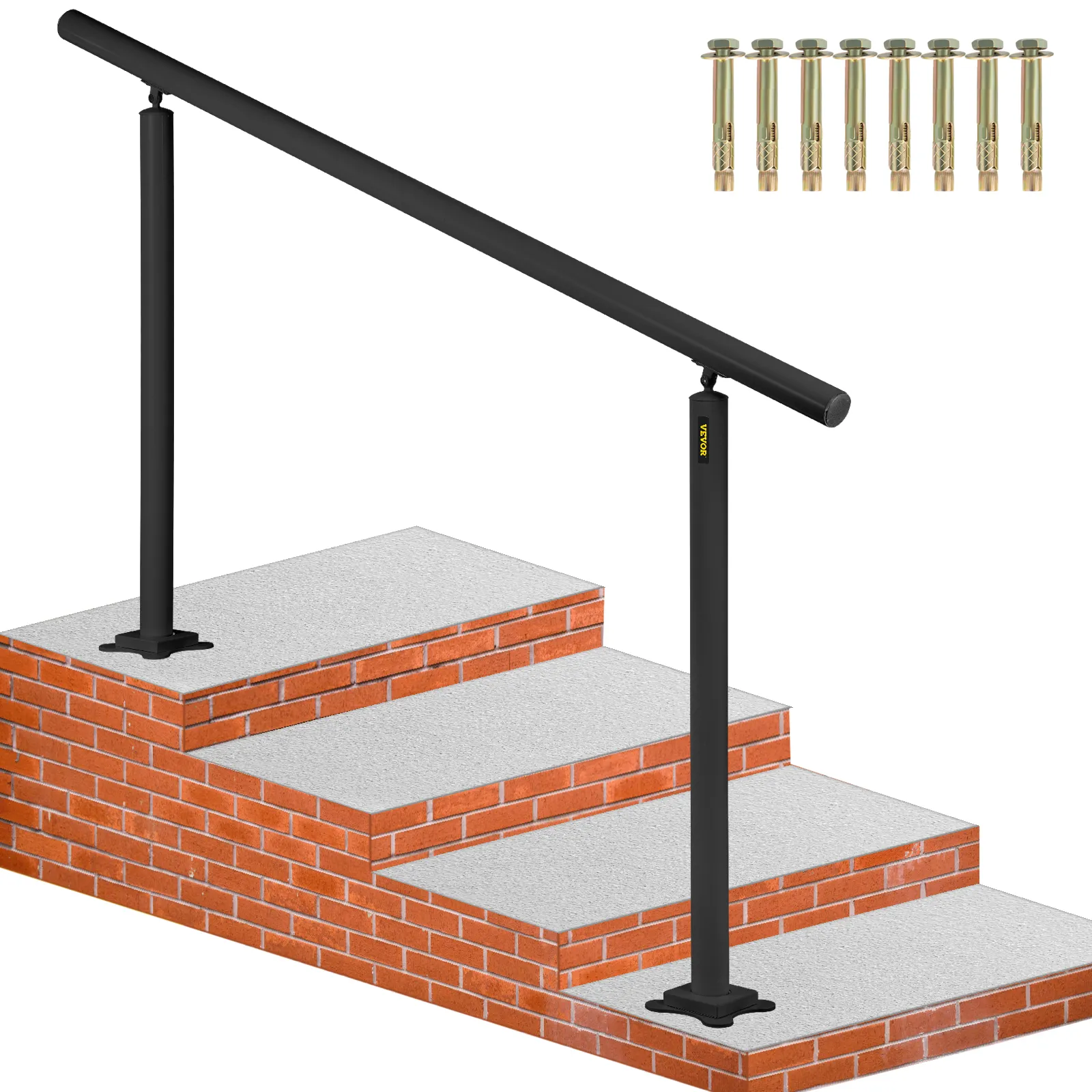 VEVOR-leuningset voor buitentrappen, gemonteerd op bakstenen treden met meegeleverde bevestigingsbouten.