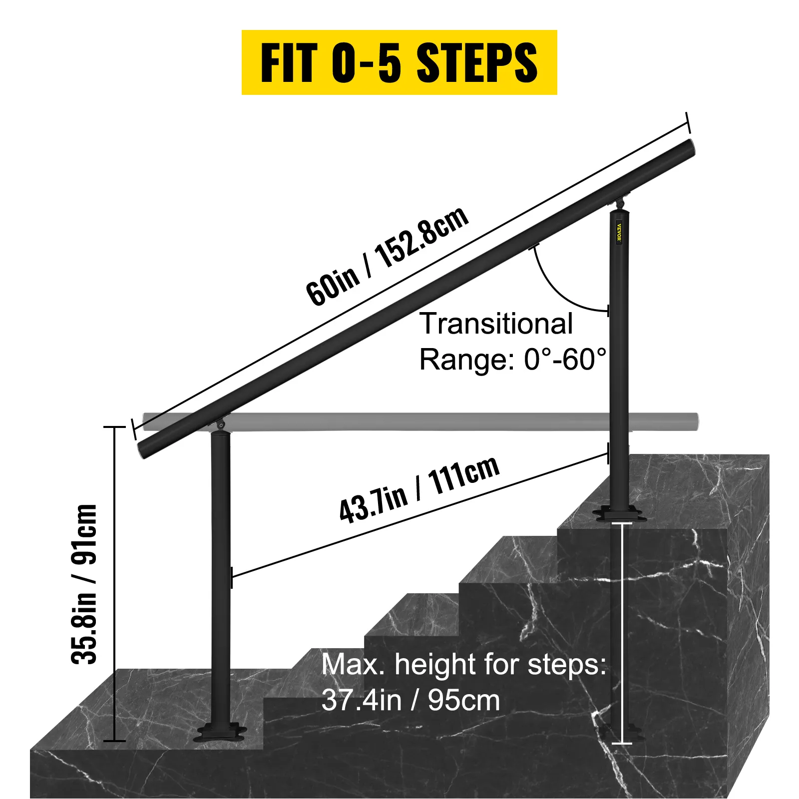 VEVOR-trapleuningset voor buiten is geschikt voor 0-5 treden, 152 cm lang, 90 cm hoog, bereik van 0°-60°, zwarte afwerking.