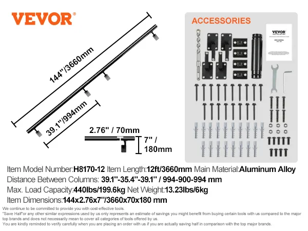 VEVOR indoor stair handrail, 12 ft length, aluminum alloy, 440 lbs capacity, includes mounting accessories.