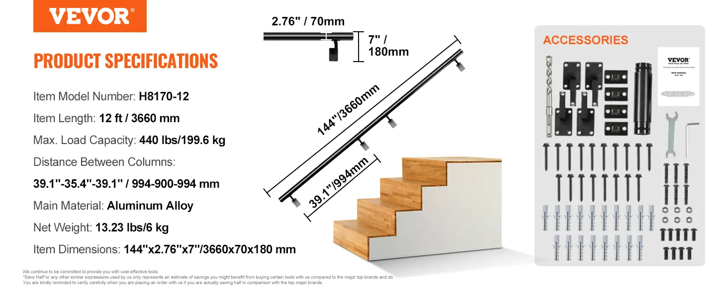 VEVOR indoor stair handrail, 12 ft length, aluminum alloy, 440 lbs capacity, includes mounting accessories.