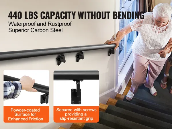 VEVOR indoor stair handrail, supports 440 lbs, powder-coated surface, secured with stainless steel screws.