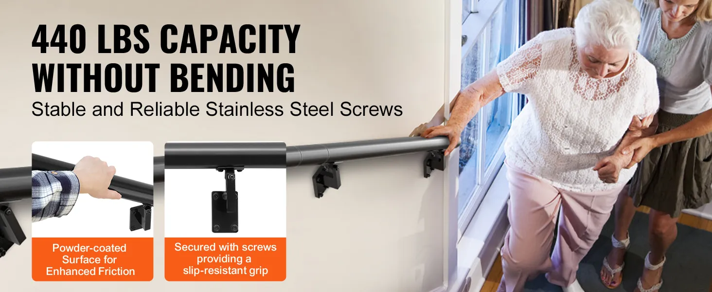 VEVOR indoor stair handrail, supports 440 lbs, powder-coated surface, secured with stainless steel screws.