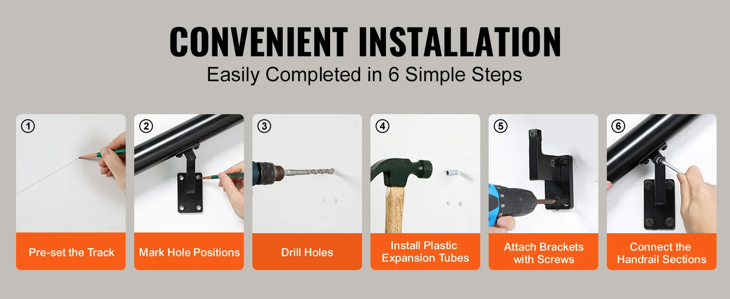 VEVOR indoor stair handrail installation: pre-set track, mark holes, drill, install tubes, attach brackets, connect.