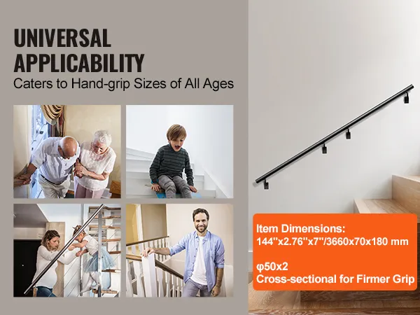 universal applicability handrail for all ages, VEVOR indoor stair handrail, 50x2 cross-sectional grip.