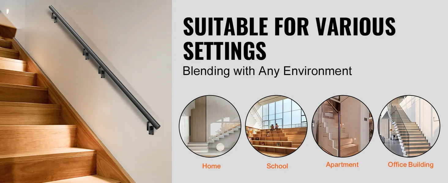 VEVOR indoor stair handrail on wooden stairs, suitable for home, school, apartment, and office.