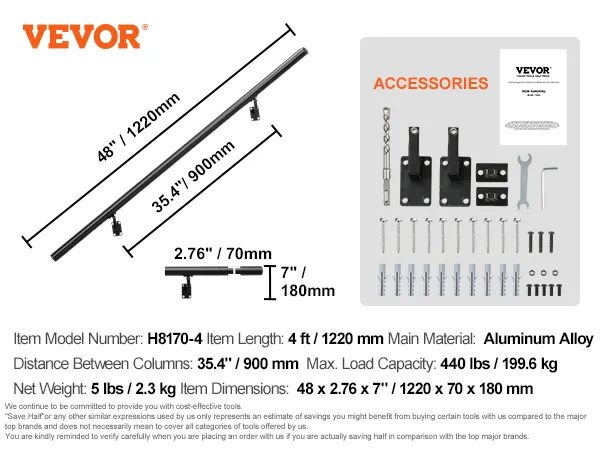 VEVOR handrail specifications, accessories, and dimensions with assembly components for staircase support.