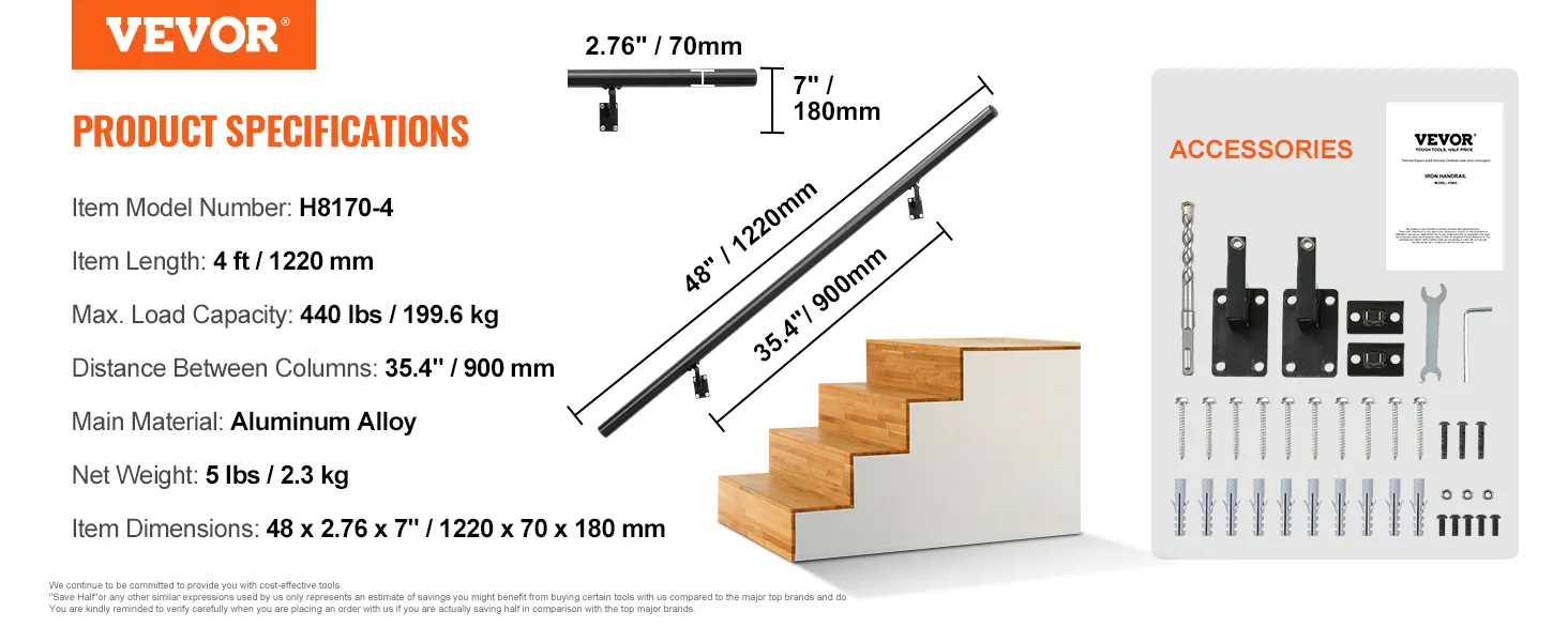 VEVOR handrail specifications, accessories, and dimensions with assembly components for staircase support.