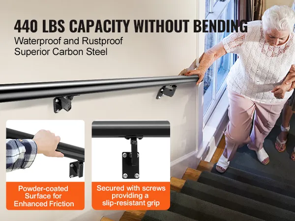 VEVOR handrail with 440 lbs capacity, stable stainless steel screws, and powder-coated surface.