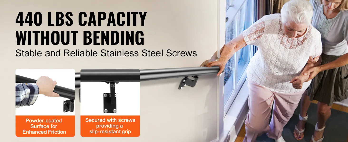 VEVOR handrail with 440 lbs capacity, stable stainless steel screws, and powder-coated surface.